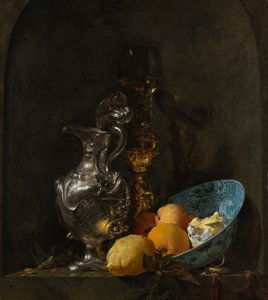 Bodegón con jarra de plata y cuenco de porcelana de Willem Kalf