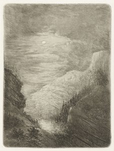 Paisaje de montaña con río a la luz de la luna