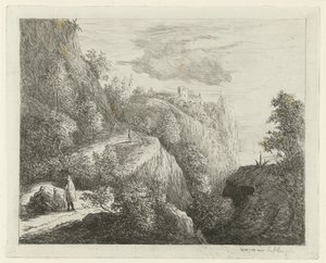 Paisaje de montaña con figuras descansando al costado de la carretera. de Willem Matthias Jan van Dielen