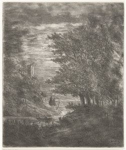 Paisaje montañoso con ruinas y barco sobre el agua a la luz de la luna de Willem Matthias Jan van Dielen