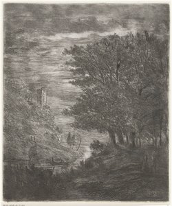 Paisaje montañoso con ruinas y barco sobre el agua a la luz de la luna de Willem Matthias Jan van Dielen