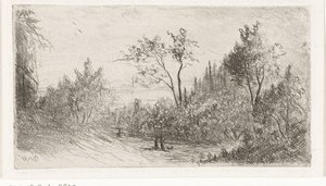 Paisaje montañoso con caminantes y perros al borde del bosque de Willem Matthias Jan van Dielen