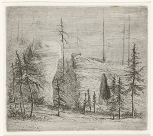 Paisaje rocoso con árboles de coníferas, el llamado Teufelkanzel Teufelkantzel Baxen (título sobre objeto) de Willem Matthias Jan van Dielen