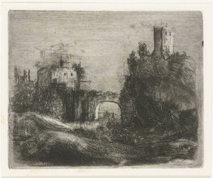 Paisaje sureño con puerta y torre sobre roca. de Willem Matthias Jan van Dielen
