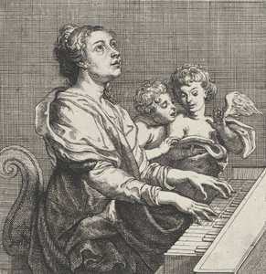 Santa Cecilia tocando el órgano con dos putti a la derecha