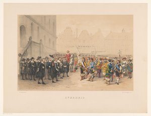 Tercer grupo de mascarada de Utrecht en 1856 Gobierno (título sobre objeto) Nuestra patria hacia mediados del siglo XVII, propuesta por S.H. estudiantes, miembros de Mutua Fides, en la celebración del 220 aniversario de la Utrechtsche Hoogeschool, el 25 de de Willem Pieter Hoevenaar