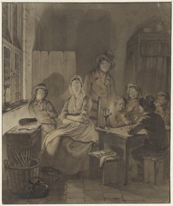 Interior con grupo de personas alrededor de la mesa a la luz de las velas de Willem Pieter Hoevenaar