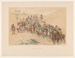 Cuarto grupo de mascarada de Utrecht en 1856 Colonias (título sobre objeto) Nuestra patria hacia mediados del siglo XVII, propuesta por S.H. estudiantes, miembros de Mutua Fides, en celebración del 220 aniversario de la Utrechtsche Hoogeschool, 25. Jun de Willem Pieter Hoevenaar