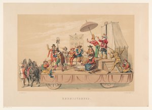 Sexto grupo de mascarada de Utrecht en 1856 Feliz Navidad (título en objeto) Nuestra patria hacia mediados del siglo XVII, propuesta por S.H. estudiantes, miembros de Mutua Fides, en celebración del 220 aniversario de la Utrechtsche Hoogeschool, el 25.
