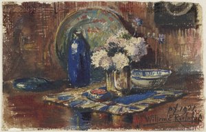 Bodegón con botella azul y jarrón con flores de Willem Roelofs (II)