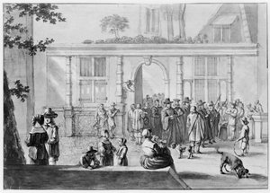 Plaza con una puerta al fondo, por la que pasa una procesión. Varias figuras junto a una barandilla en primer plano a la izquierda de Willem Schellinks