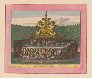 Brunnen mit einer Statue von zwei geflügelten Putti, die eine Leier tragen de Willem Swidde