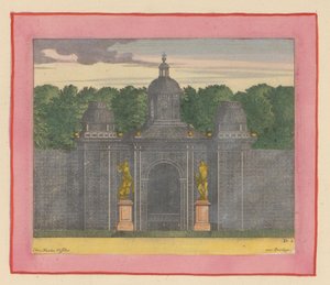Pavillon aus Lattenwerk mit Musikerstatuen in den Gärten von Versailles de Willem Swidde