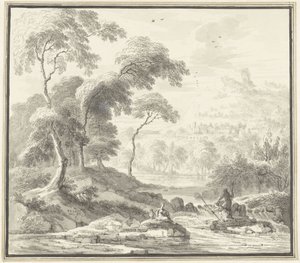 Idílico paisaje de colinas con mujeres en un arroyo de Willem Troost (I)