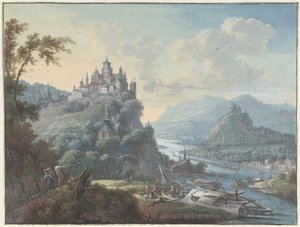 Paisaje fluvial con un pueblo en la cima de una colina de Willem Troost (I)