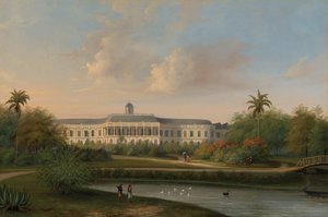 Vista trasera del Palacio de Buitenzorg antes del terremoto del 10 de octubre de 1834 de Willem Troost (II)