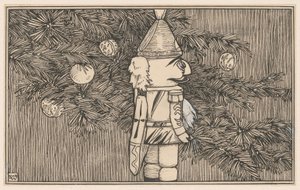 Cascanueces con capa de húsar junto a un árbol de Navidad