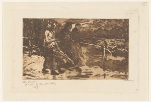 Tres mujeres en un puente bajo la lluvia y el viento de Willem Witsen (signed by artist)