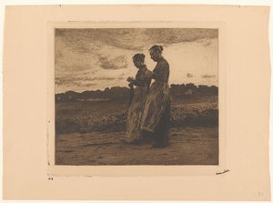 Dos tejedoras de pie en un paisaje de Ede de Willem Witsen (signed by artist)