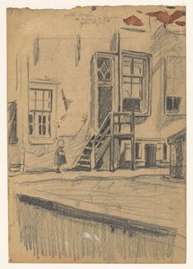 Chica junto a la escalera de madera, muro del muelle de Willem Arnoldus Witsen