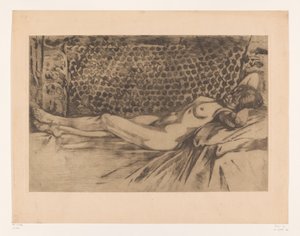 Mujer joven desnuda tumbada en un sofá
Desnudo, tumbado de espaldas en un diván, con las manos bajo la cabeza (título original) de Willem Arnoldus Witsen