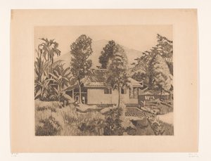 Casa en Bogor con una montaña al fondo
Casa con el volcán Salak(?) al fondo, Buitenzorg (título original) de Willem Arnoldus Witsen