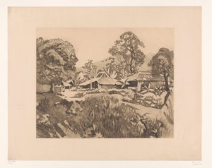 Casas en Bogor frente a los volcanes Salak y Gede
Casas en el kampong con los volcanes Salak y Gedeh al fondo, Buitenzorg (título original) de Willem Arnoldus Witsen