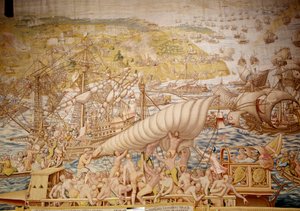 Conquista de Túnez por el emperador Carlos V: la sede de Golette en 1535. Detalle de un tapiz de Willem de Pannemaker (activo hacia 1535-1554) 1554 Alcázar de Sevilla