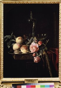 ""Bodegón de rosas y melocotones"" (Rosas y melocotones) Pintura de Willem van Aelst (1625-circa 1683) 1659 Museo Pushkin, Moscú de Willem van Aelst