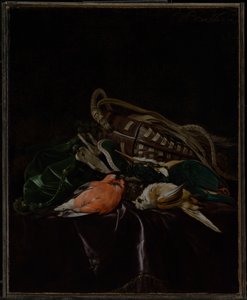 Bodegón con pájaros muertos y bolsa de caza de Willem van Aelst