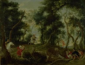 Paisaje con Atalanta y Meleagro cazando el jabalí de Calidón de Willem van Herp