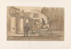La valla en el Scheveningse Weg en La Haya; pasando un jinete con perro de Willem van Konijnenburg
