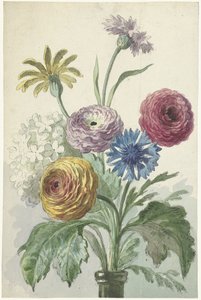 Ramo de flores en el cuello de un jarrón verde de Willem van Leen