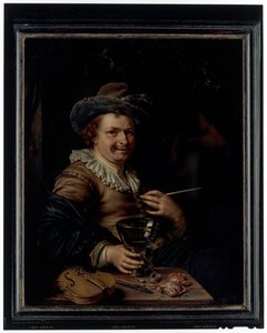 Un hombre con una pipa de claqué y un romero sentado a una mesa sobre la que descansa un violín y cangrejos de Willem Van Mieris
