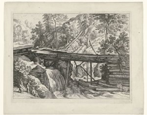 Paisaje de montaña con acueducto de madera. Paisajes italianos (título de la serie) de Willem van Nieulandt (II)