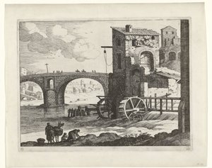 Puente y molino de agua Paisajes italianos (título de la serie) de Willem van Nieulandt (II)