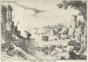 Paisaje con los Viajeros de Emaús Christ castellum Emaus petit (título sobre objeto) Paisajes italianos con escenas bíblicas (título de la serie) de Willem van Nieulandt (II)