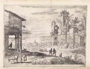 Paisaje con el buen samaritano en la posada
Paisajes italianos (título de la serie) de Willem van Nieulandt (II)