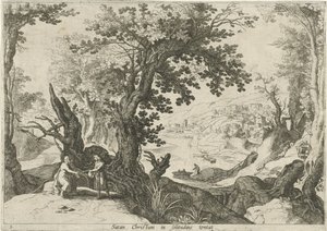 Paisaje con la tentación de Cristo Satan Christum in solitudine tentat (título sobre el objeto) Paisajes italianos con escenas bíblicas (título de la serie) de Willem van Nieulandt (II)