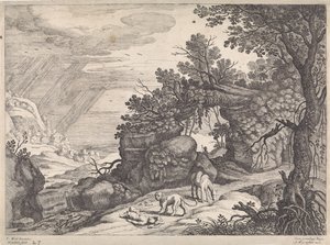 Paisaje con un hombre muerto de Dios, león y burro Paisajes italianos (título de la serie) de Willem van Nieulandt (II)