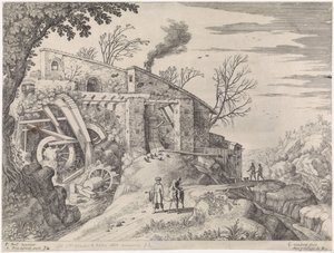 Paisaje con molino de agua y el buen samaritano Paisajes italianos (título de la serie) de Willem van Nieulandt (II)
