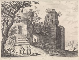 Ruina con un grupo de mujeres y niños Paisajes italianos (título de la serie) de Willem van Nieulandt (II)