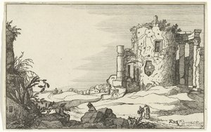Ruinas de un templo rodeado de columnas Ruinas romanas y paisajes costeros (serie 1) (título de la serie) de Willem van Nieulandt (II)