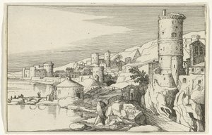 Ciudad con torres sobre el agua Ruinas romanas y paisajes costeros (serie 1) (título de la serie) de Willem van Nieulandt (II)