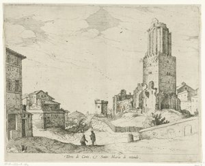 Torre delle Milizie y el Panteón Torre di Conti e Santo Maria di retonde (título sobre objeto) Vistas de Roma (título de la serie) de Willem van Nieulandt (II)