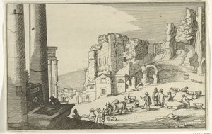 Ganado entre ruinas romanas Ruinas romanas y paisajes costeros (serie 1) (título de la serie) de Willem van Nieulandt (II)