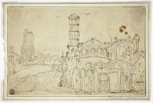 Vista de Roma: Torre della Melisa, ruinas de una iglesia paleocristiana de Willem van Nieuwlandt II