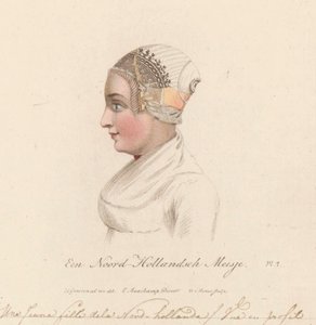 Tocado de niña de Holanda Septentrional, 1816 A North Holland Girl / Une Jeune fille de la Nord-hollande / Vue en profil (título sobre objeto)