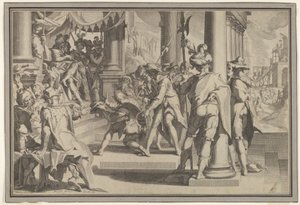 Alegoría de la Justicia y la Santidad de la Ley con una escena de corte que representa a un hombre siendo perdonado