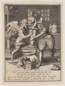 Un hombre y el diablo llenando un saco de dinero y erigiendo una estatua de la esperanza, de Alegoría del mal uso de la propiedad mundana.